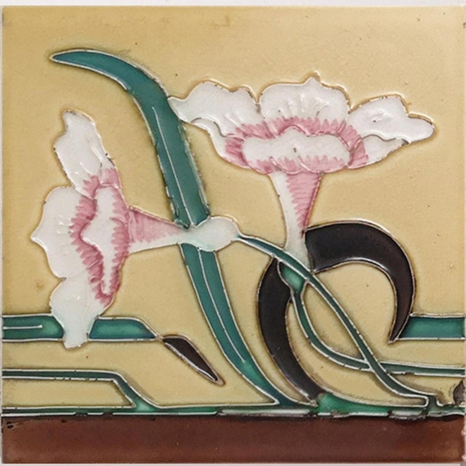 Glazed 1 of the 38 Unique Antique Relief Tiles with Flower, France, circa 1900 For Sale