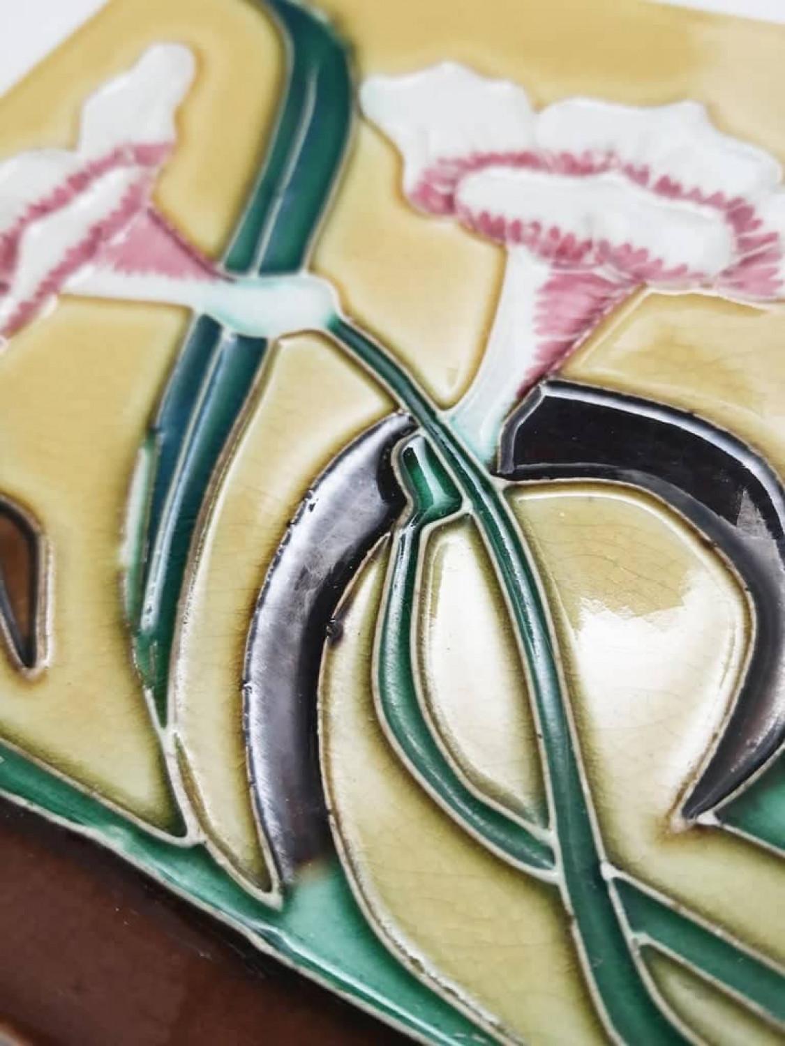 Glazed 1 of the 38 Unique Antique Relief Tiles with Flower, France, circa 1900 For Sale