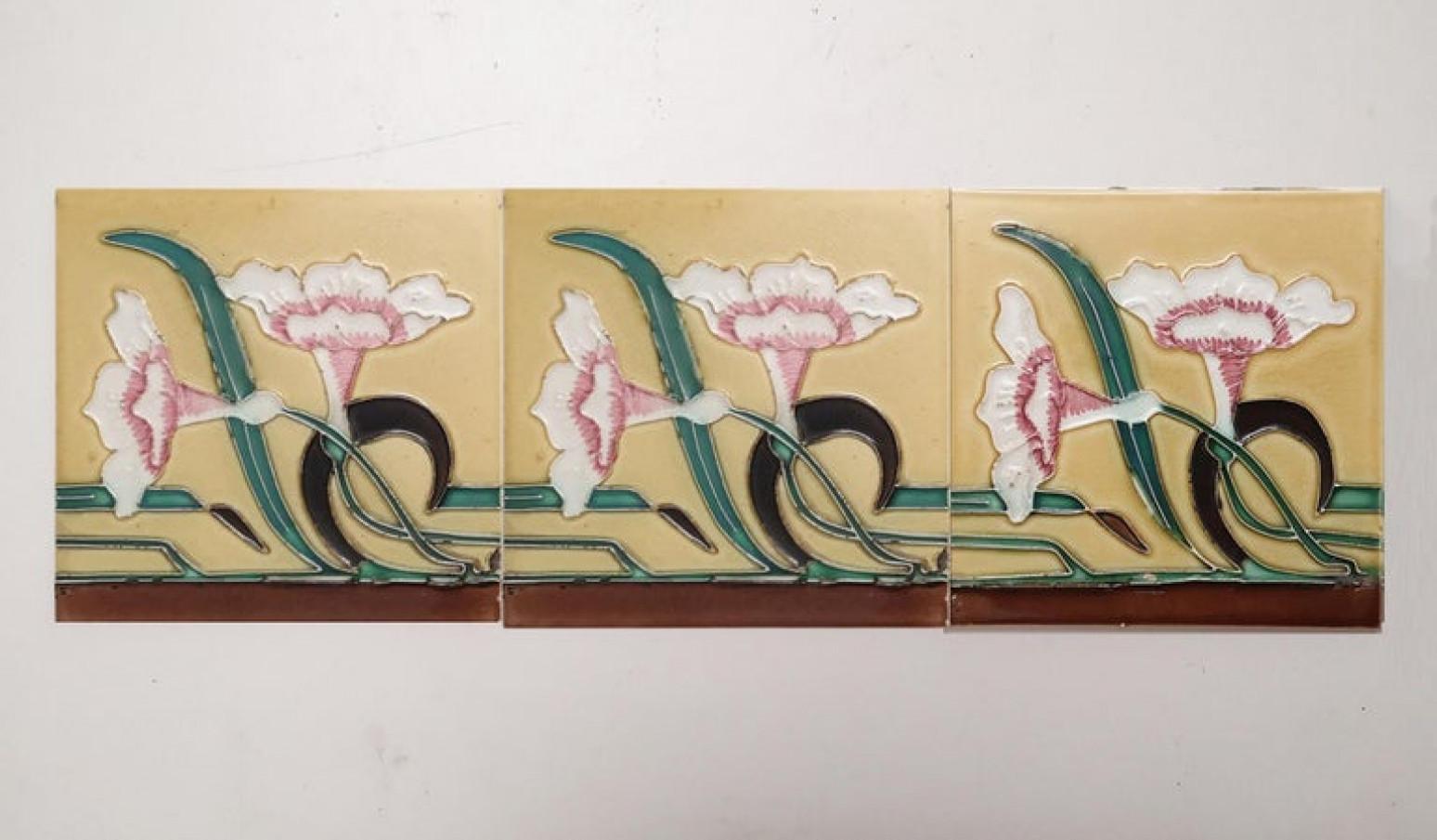 Early 20th Century 1 of the 38 Unique Antique Relief Tiles with Flower, France, circa 1900 For Sale