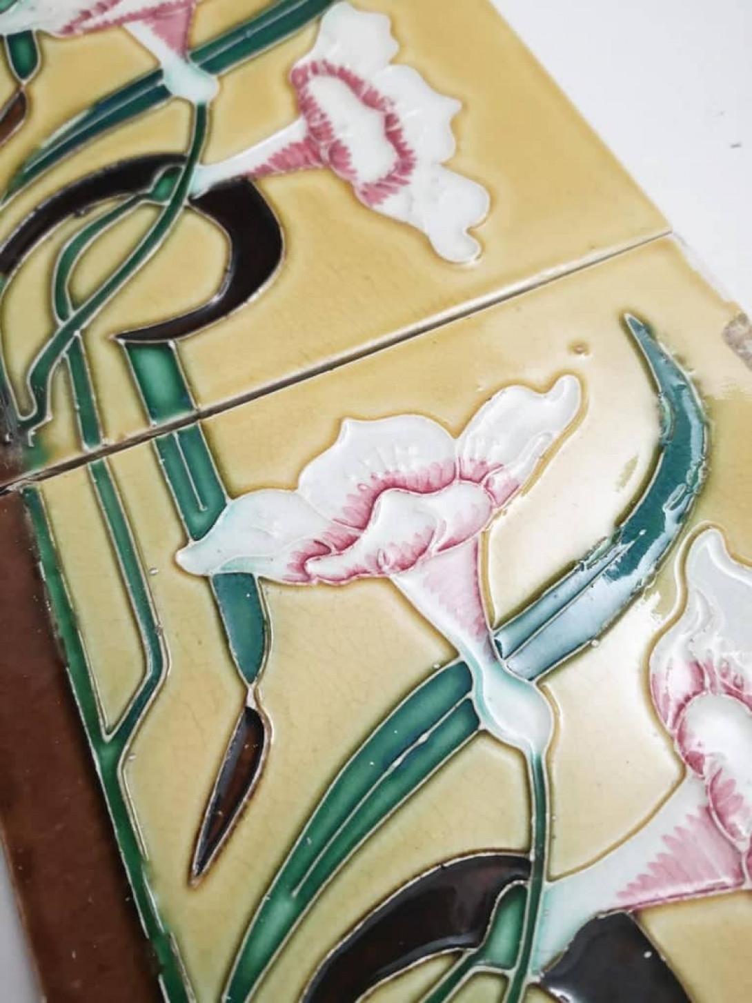 Early 20th Century 1 of the 38 Unique Antique Relief Tiles with Flower, France, circa 1900 For Sale