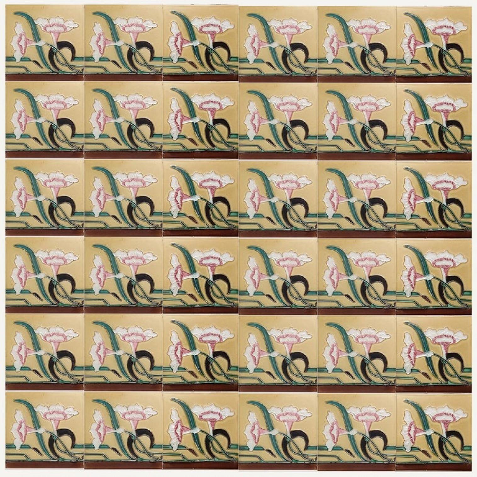 Ceramic 1 of the 38 Unique Antique Relief Tiles with Flower, France, circa 1900 For Sale