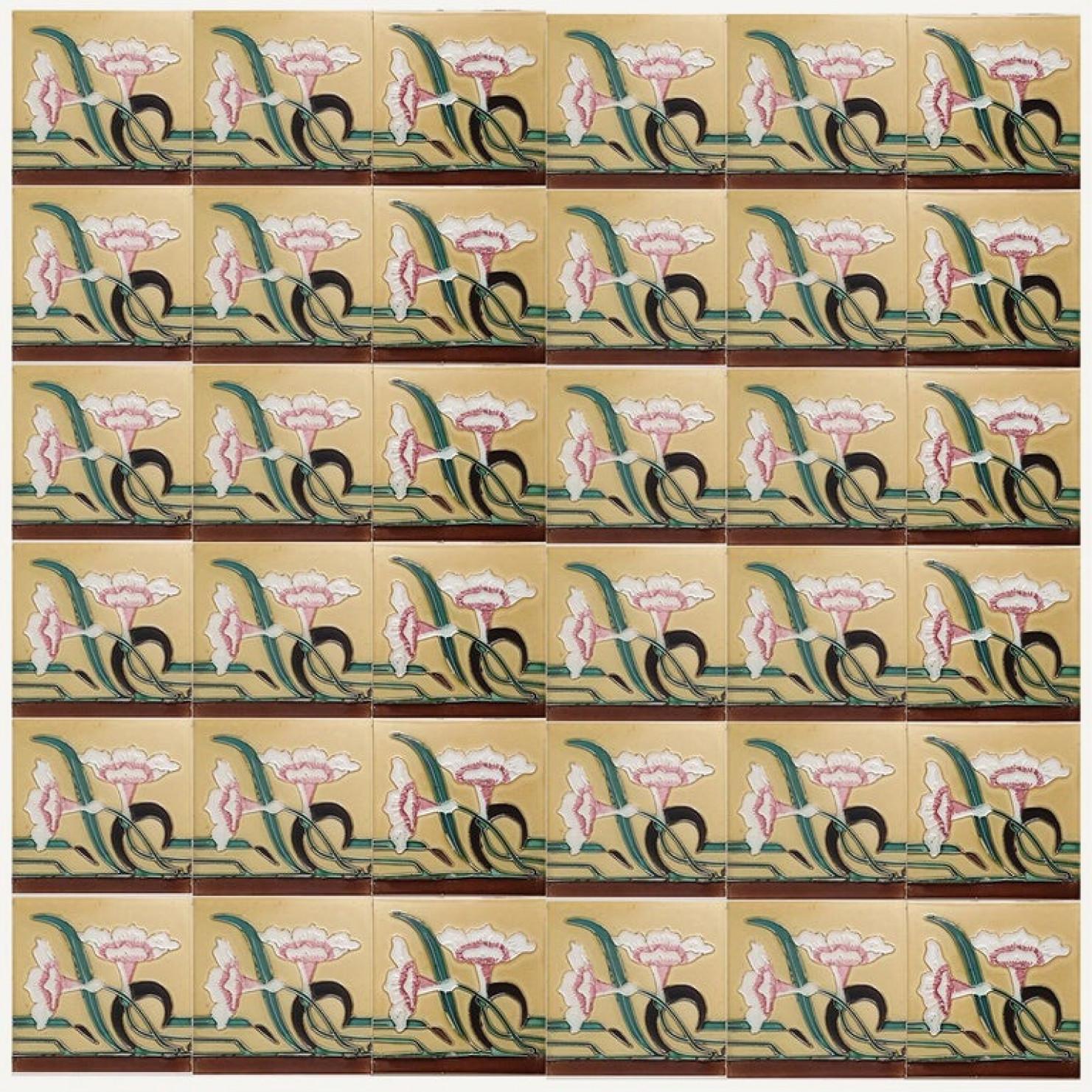 Ceramic 1 of the 38 Unique Antique Relief Tiles with Flower, France, circa 1900 For Sale