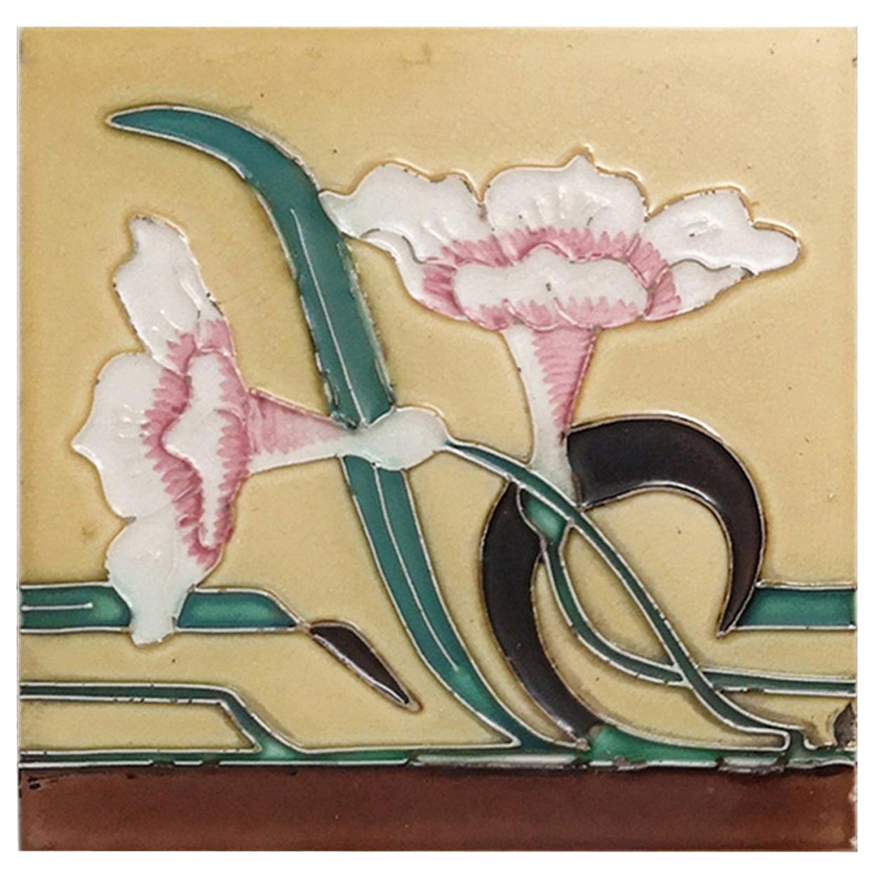 1 of the 38 Unique Antique Relief Tiles with Flower, France, circa 1900