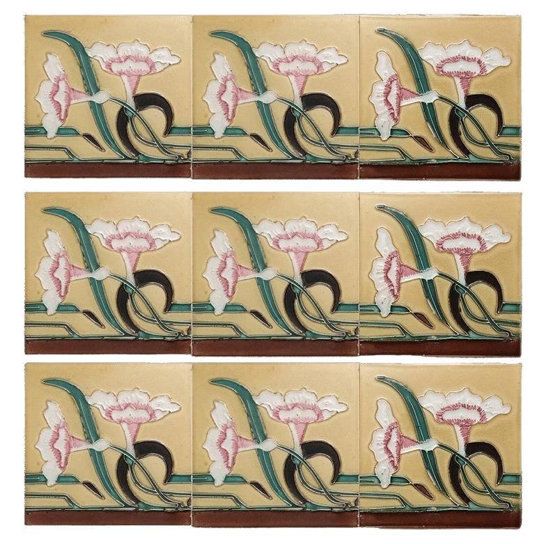 1 of the 38 Unique Antique Relief Tiles with Flower, France, circa 1900 For Sale