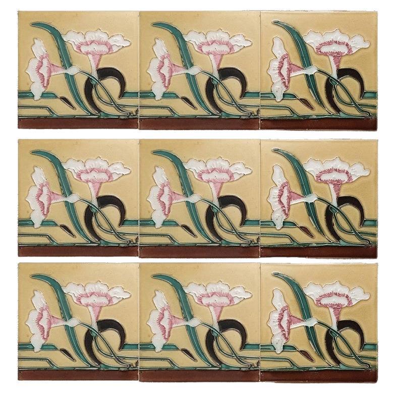 1 of the 38 Unique Antique Relief Tiles with Flower, France, circa 1900 For Sale