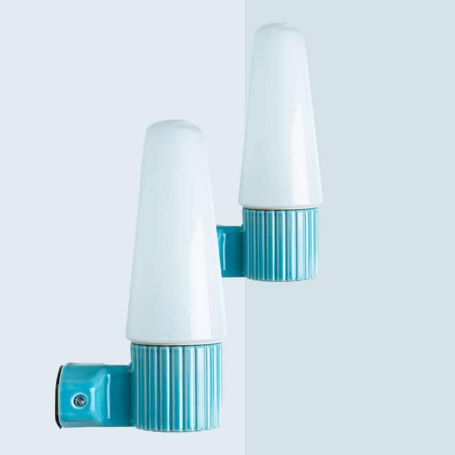 1 of the 4 Aqua Ceramic Opaline Glass Wall Lights, Sweden 1960 For Sale 7