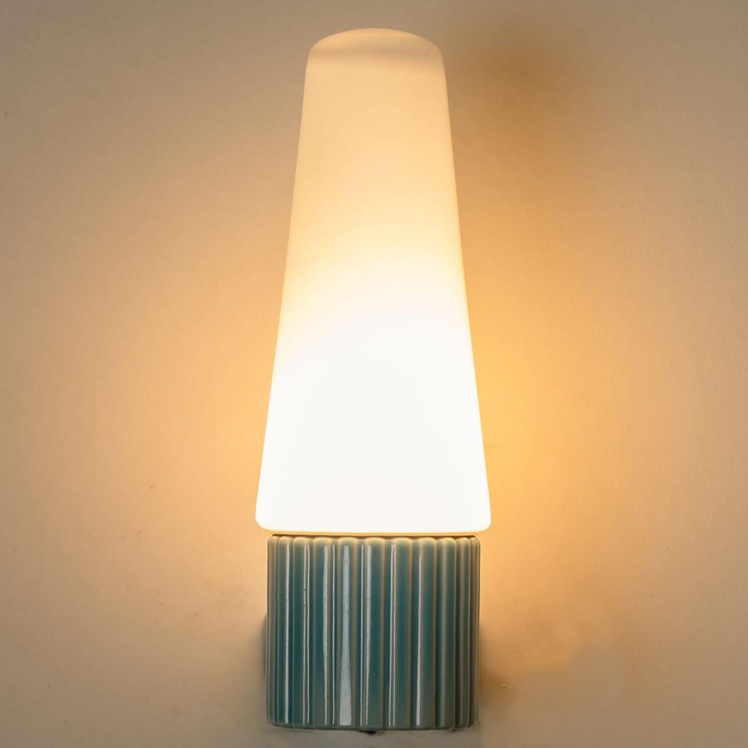 1 of the 4 Aqua Ceramic Opaline Glass Wall Lights, Sweden 1960 In Good Condition For Sale In Rijssen, NL