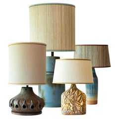 1 der 4 blauen und braunen Keramik-Tischlampen, individuelle Lampenschirme von R. Houben
