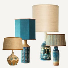 1 of the 4 Blue Brown Ceramic Table Lamps, Custom Silk Lamp Shades by R. Houben