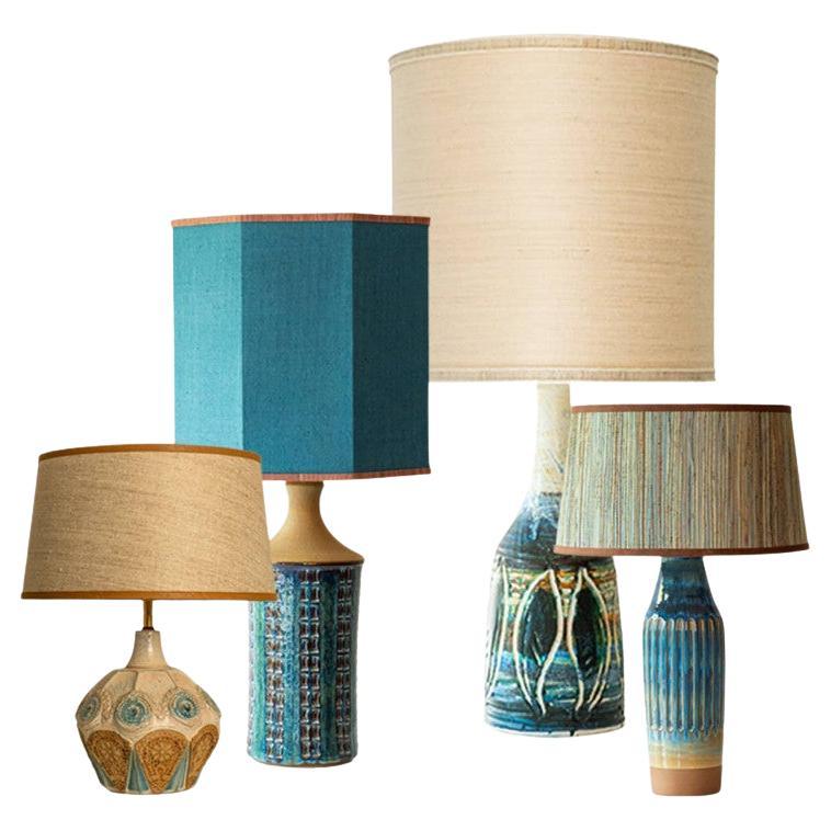 1 of the 4 Blue Brown Ceramic Table Lamps, Custom Silk Lamp Shades by R. Houben For Sale