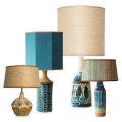 1 of the 4 Blue Brown Ceramic Table Lamps, Custom Silk Lamp Shades by R. Houben