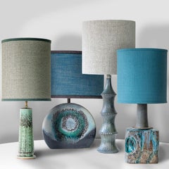 1 der 4 Blau-Grün-Braun-Keramiklampen mit individuellen Lampenschirmen von R. Houben
