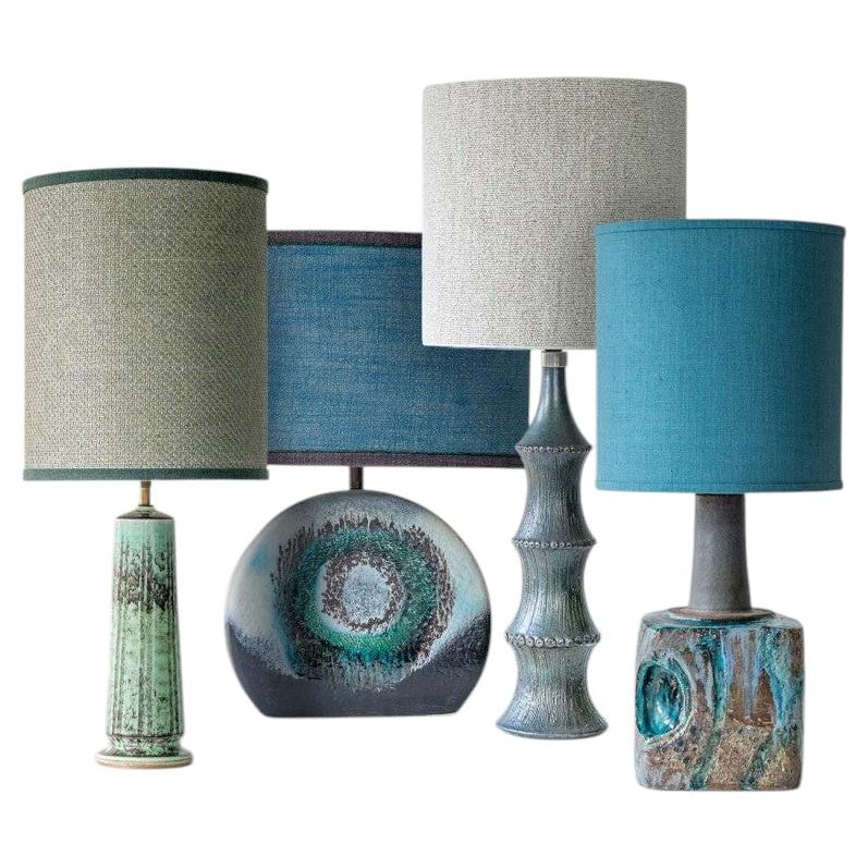 1 of the 4 Blue Green Brown Ceramic Lamps with Custom Lampshades by R. Houben For Sale