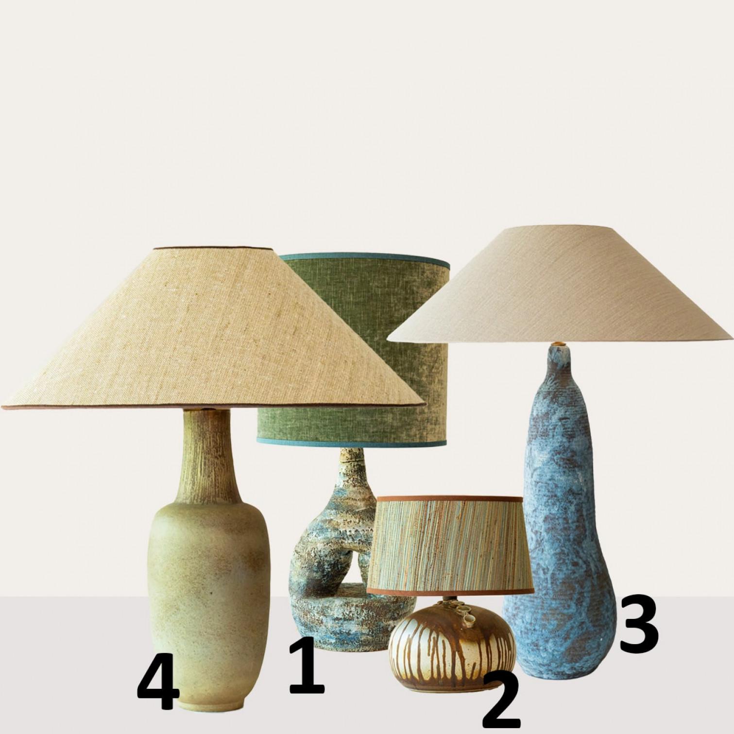 1 der 4 blau-grünen Keramik-Tischlampen, Seidenschirme nach Maß von R. Houben im Angebot 4