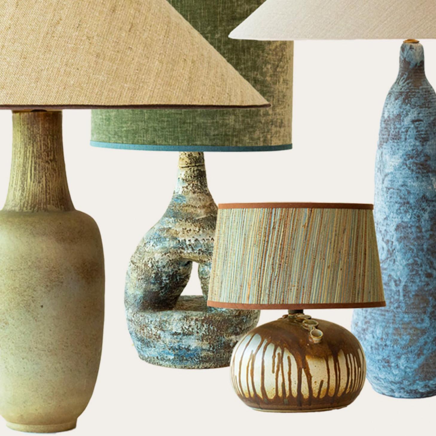 Mid-Century Modern 1 of the 4 Blue Green Ceramic Floor Table Lamps, Custom Silk Shades by R. Houben For Sale
