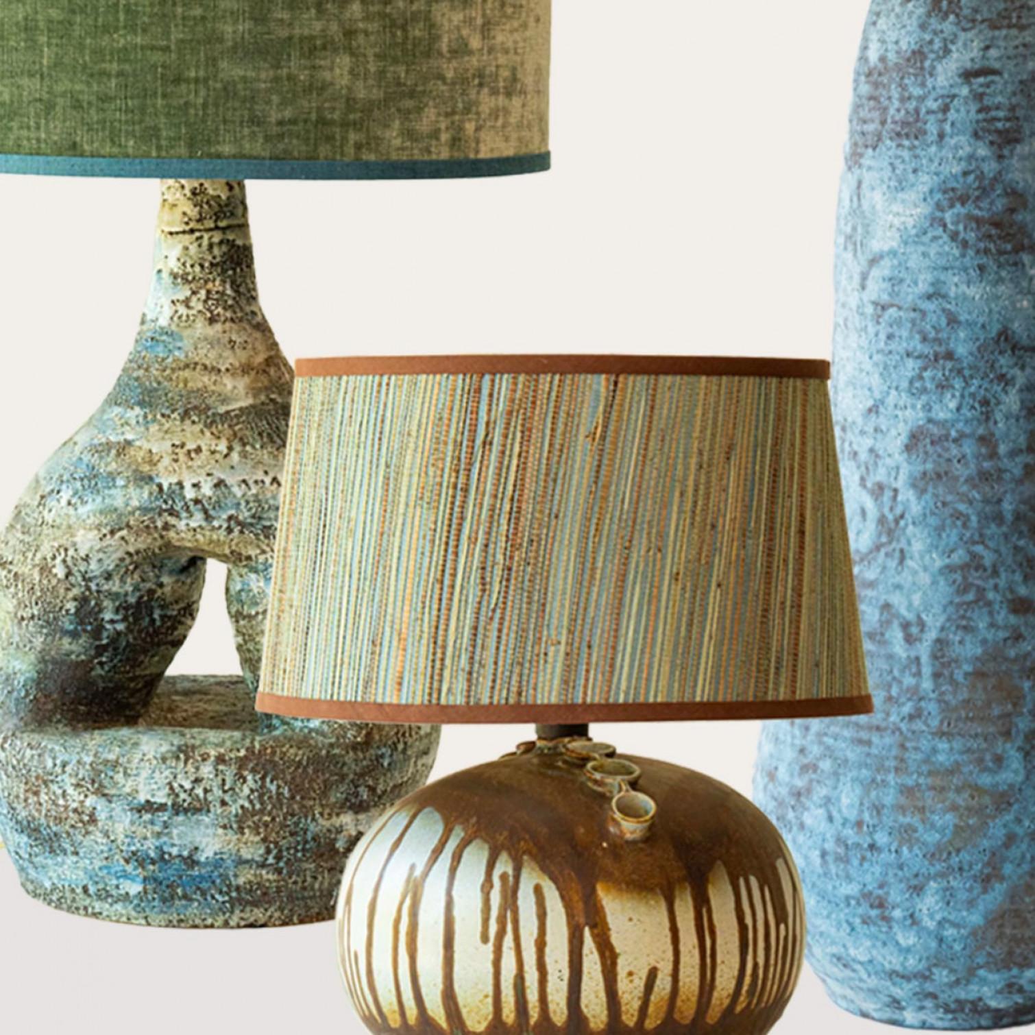 1 of the 4 Blue Green Ceramic Floor Table Lamps, Custom Silk Shades by R. Houben In Good Condition For Sale In Rijssen, NL