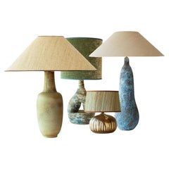 1 of the 4 Blue Green Ceramic Floor Table Lamps, Custom Silk Shades by R. Houben