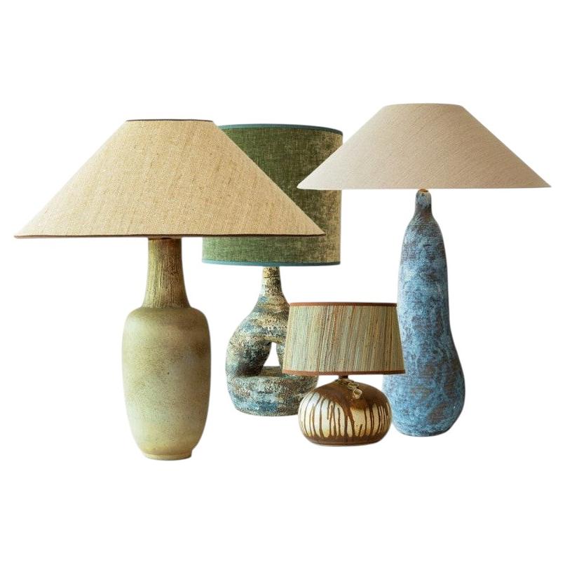 1 of the 4 Blue Green Ceramic Floor Table Lamps, Custom Silk Shades by R. Houben