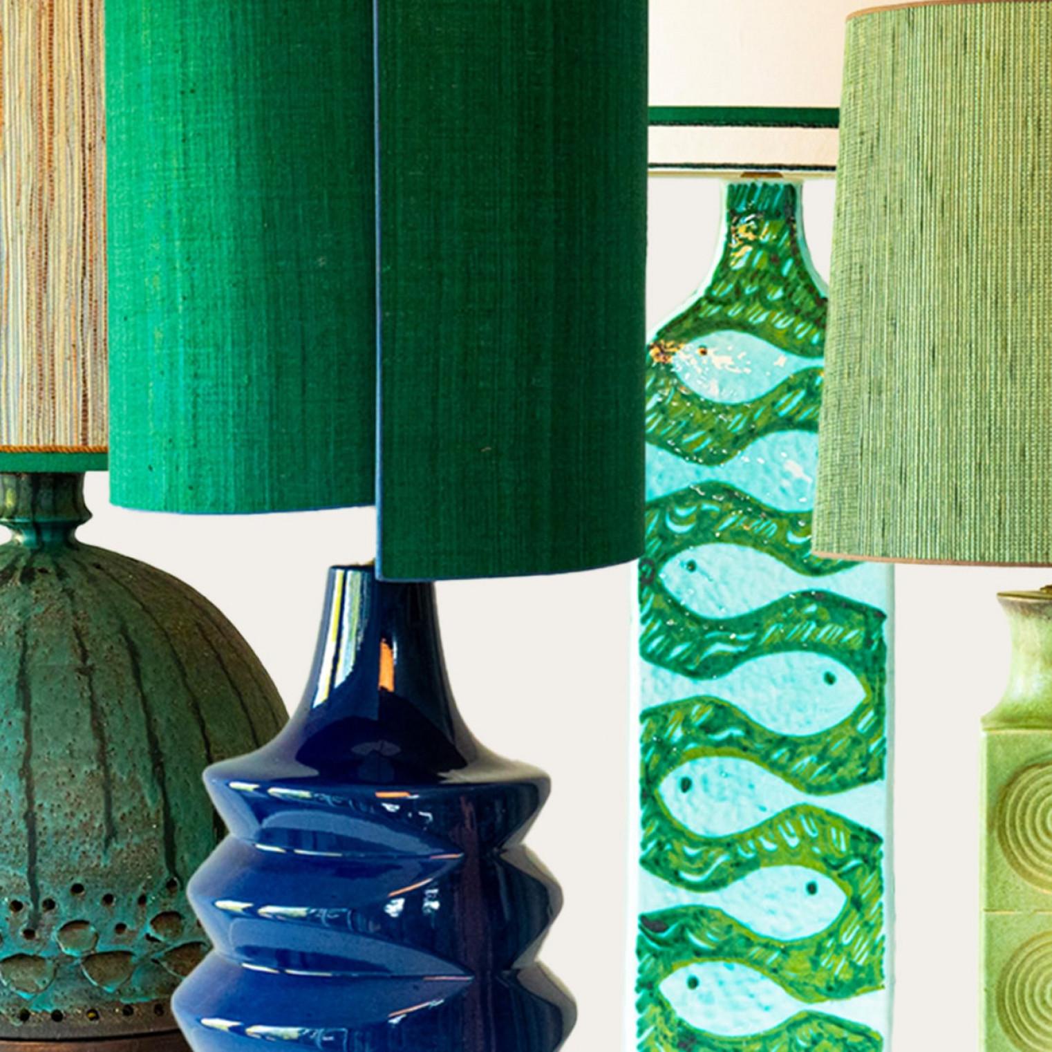 Mid-Century Modern 1 of the 4 Blue Green Floor Table Lamps, Custom Silk Lamp Shades by R. Houben For Sale
