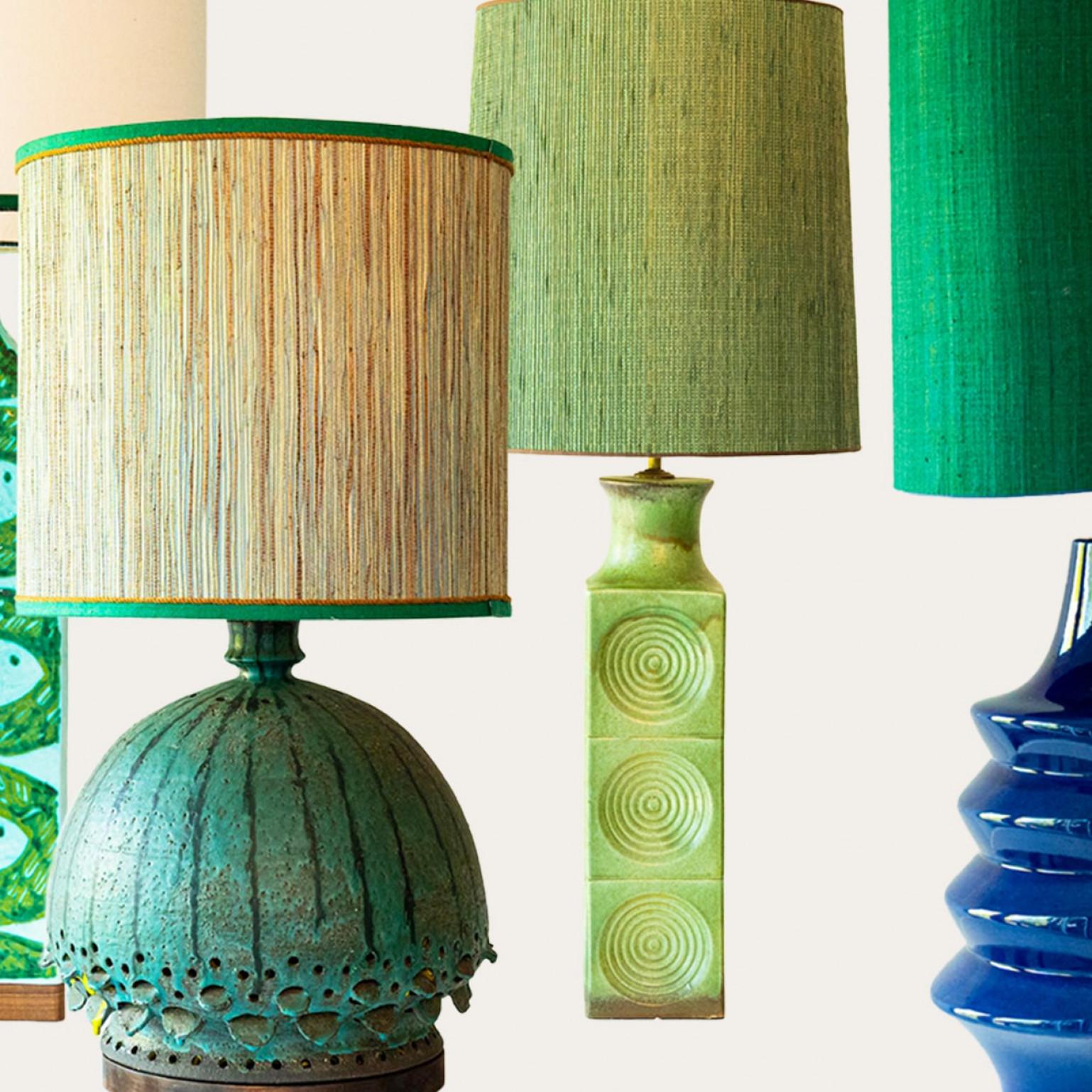 1 of the 4 Blue Green Floor Table Lamps, Custom Silk Lamp Shades by R. Houben For Sale 1