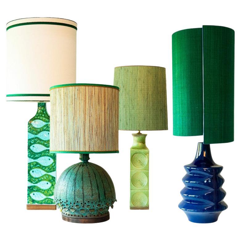 1 of the 4 Blue Green Floor Table Lamps, Custom Silk Lamp Shades by R. Houben For Sale