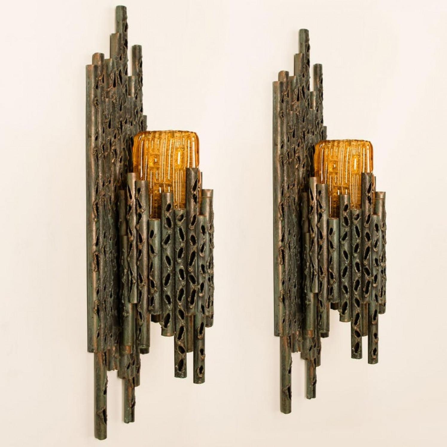 Patinated 1 of the 4 Brutalist Wall Scones with Murano Glass by Marcello Fantoni, 1960s For Sale