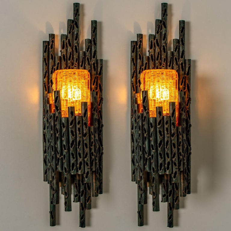 Metal 1 of the 4 Brutalist Wall Scones with Murano Glass by Marcello Fantoni, 1960s For Sale