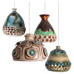 1 of the 4 Ceramic Green Brown Blue Pendants, Denmark 1970