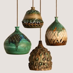 1 of the 4 Ceramic Green Brown Pendants, Denmark 1970