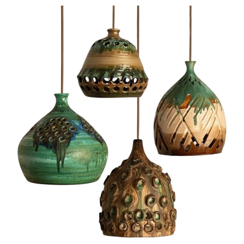 1 of the 4 Ceramic Green Brown Pendants, Denmark 1970 For Sale