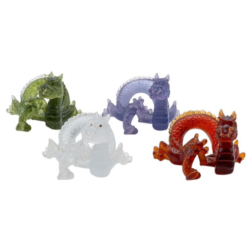 1 de las 4 esculturas Daum Art Glass Brown Green Clear Violet Dragon, Francia