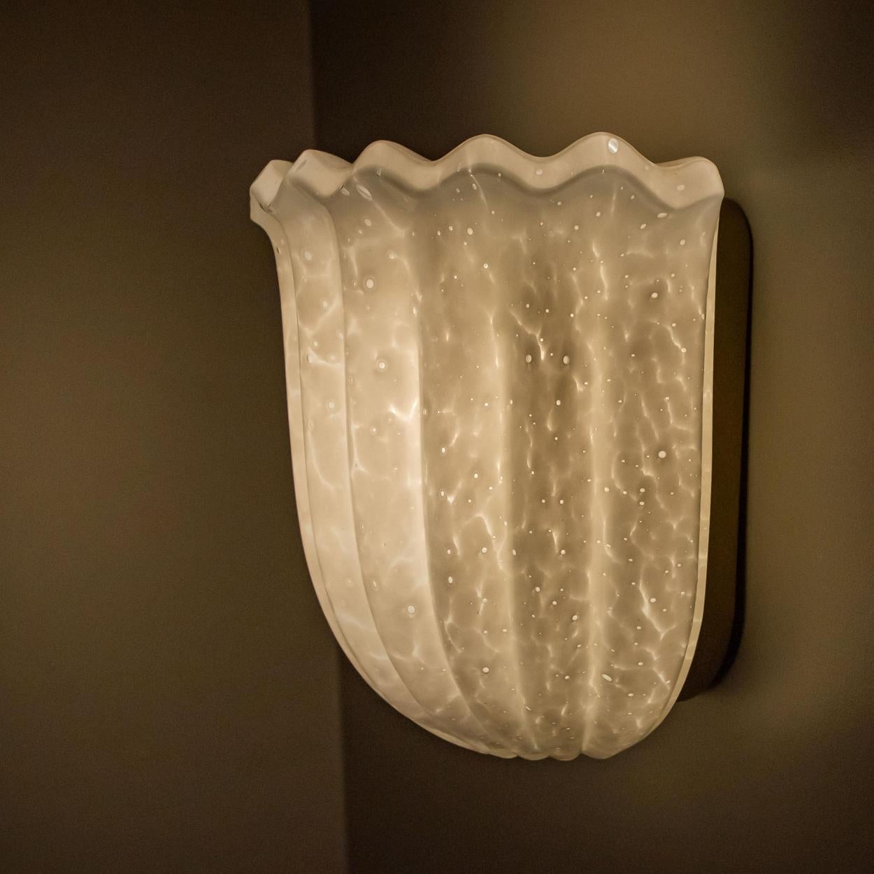1 of the 4 Doria Wall Sconces Tulip shape, Opal Clear Textured Glass and Brass 3