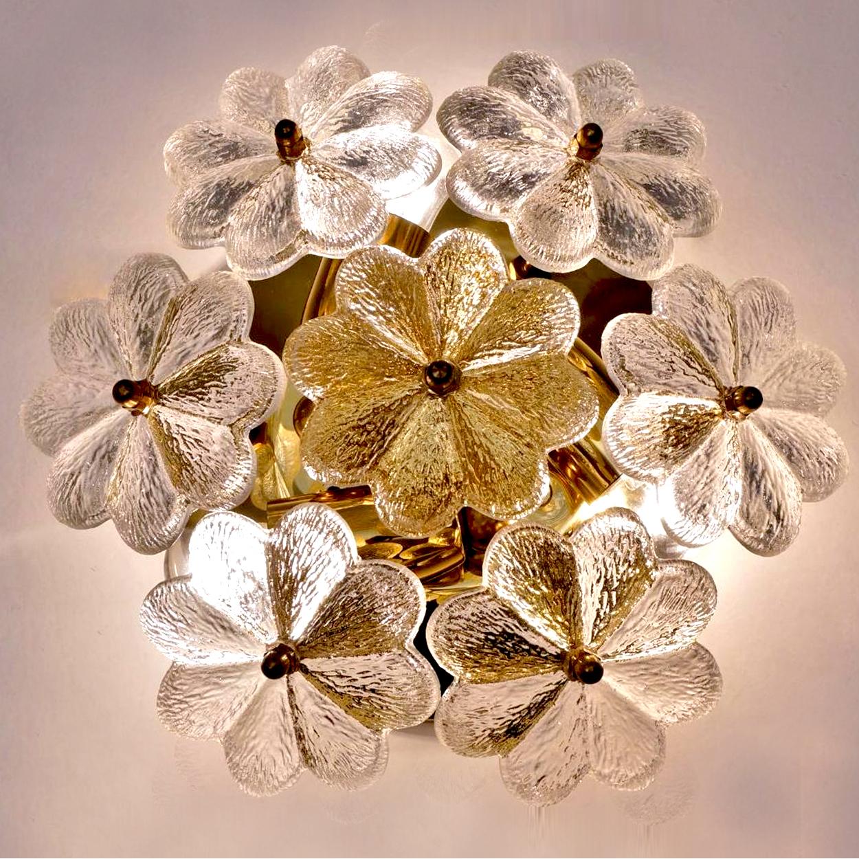 German 1 of the 4 Glass and Brass Floral Wall Lights from Ernst Palme, 1970s