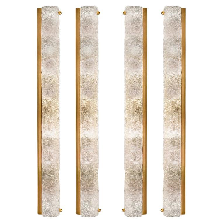 1 of the 4 Ice Glass Wall Light Fixtures with Brass by Hillebrand, Germany, 1960 For Sale