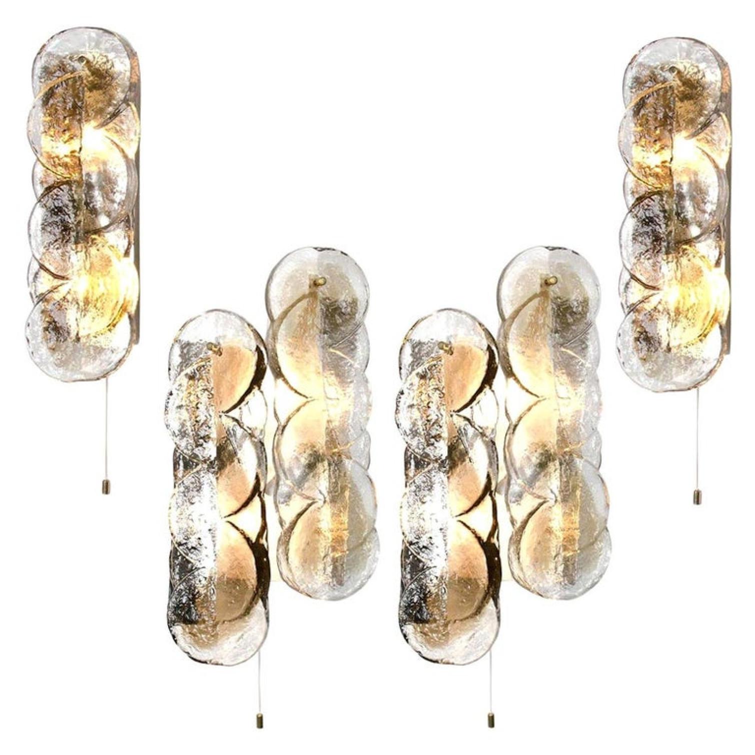 1 of the 4 Kalmar swirl sconces with clear glass panels with light goldfish amber colored stripe in it. Beautiful, thick textured glass is complimented by white metal hardware. Beautiful brass knobs.

Please notice the price is for 1 piece. The
