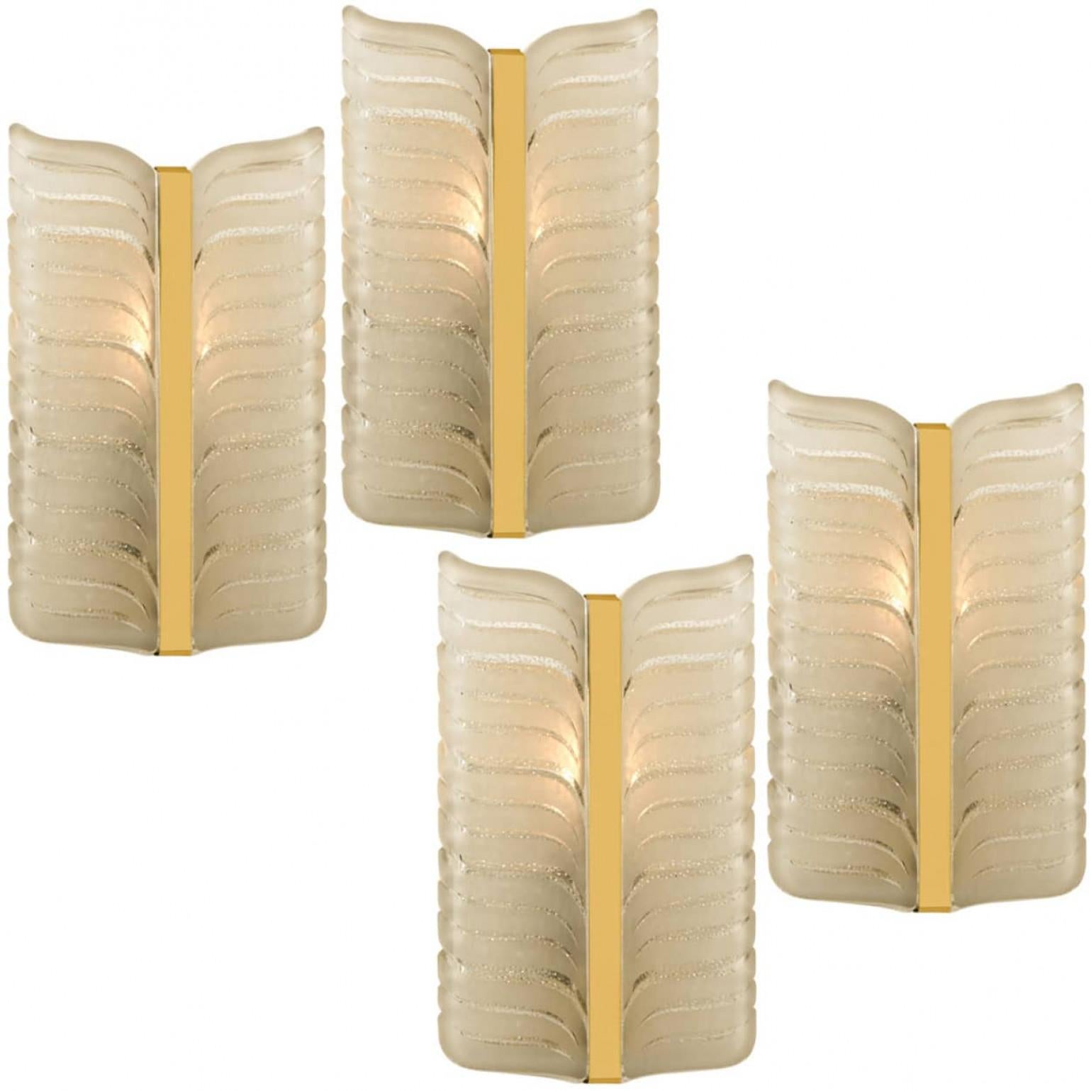 20th Century 1 of the 4 Kalmar Frosted Glass and Brass Leaf Wall Sconces, 1960s For Sale