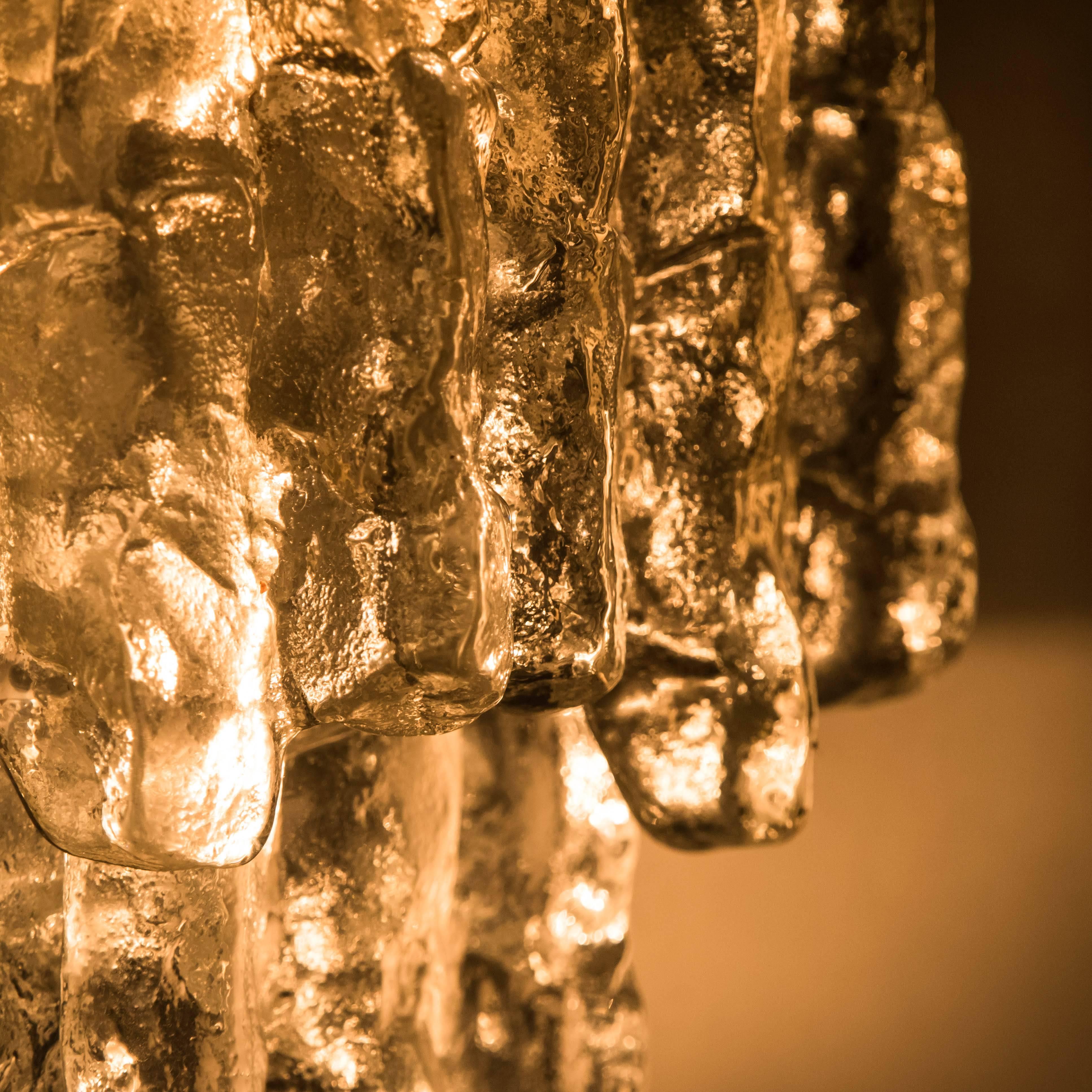 Brass 1 of the 4 Kalmar Ice Glass Wall Sconces 2 Tiers by J.T. Kalmar, Austria, 1970s