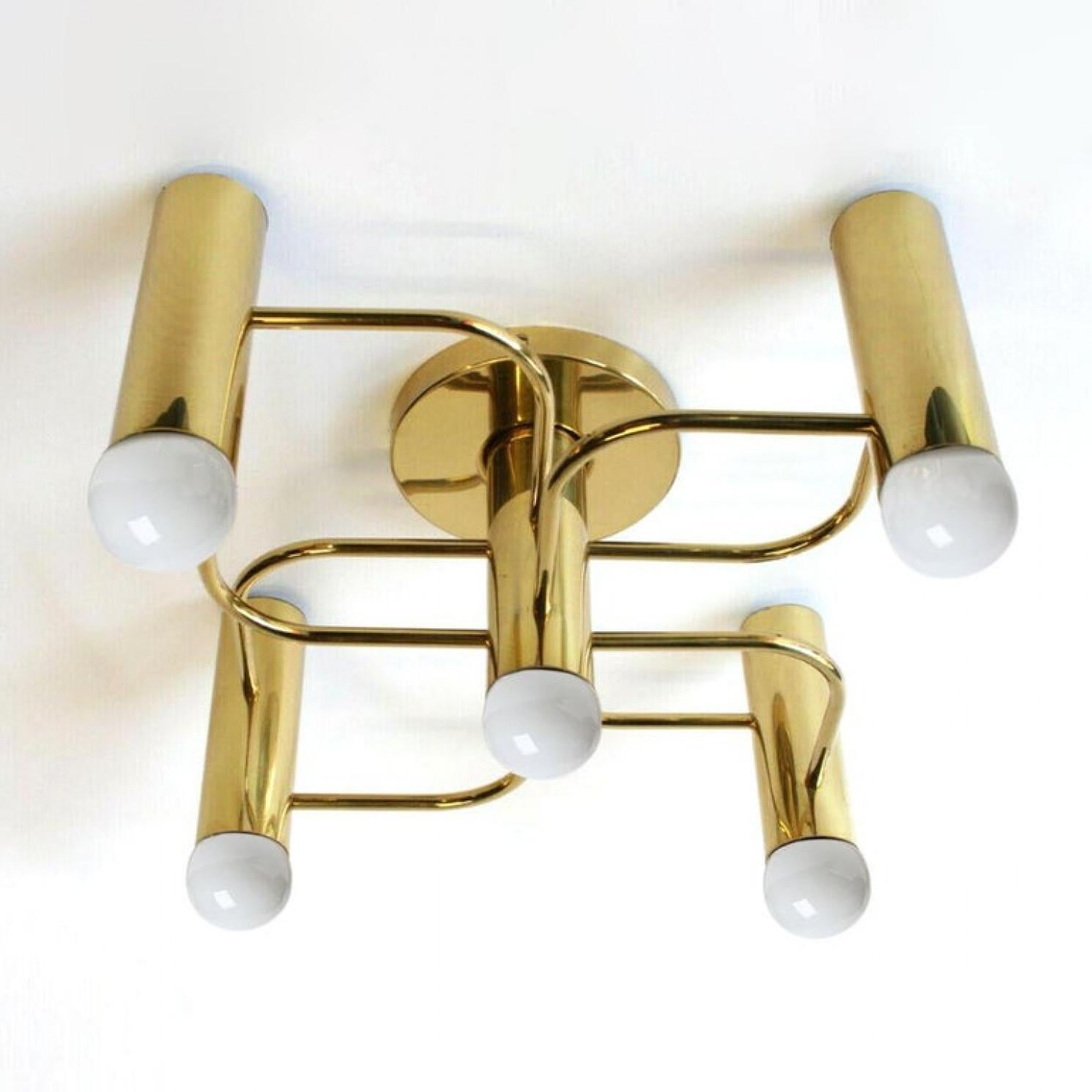 20th Century 1 of the 4 Leola Sculptural Brass 5-Light Ceiling or Wall Flush Mount, 1970s