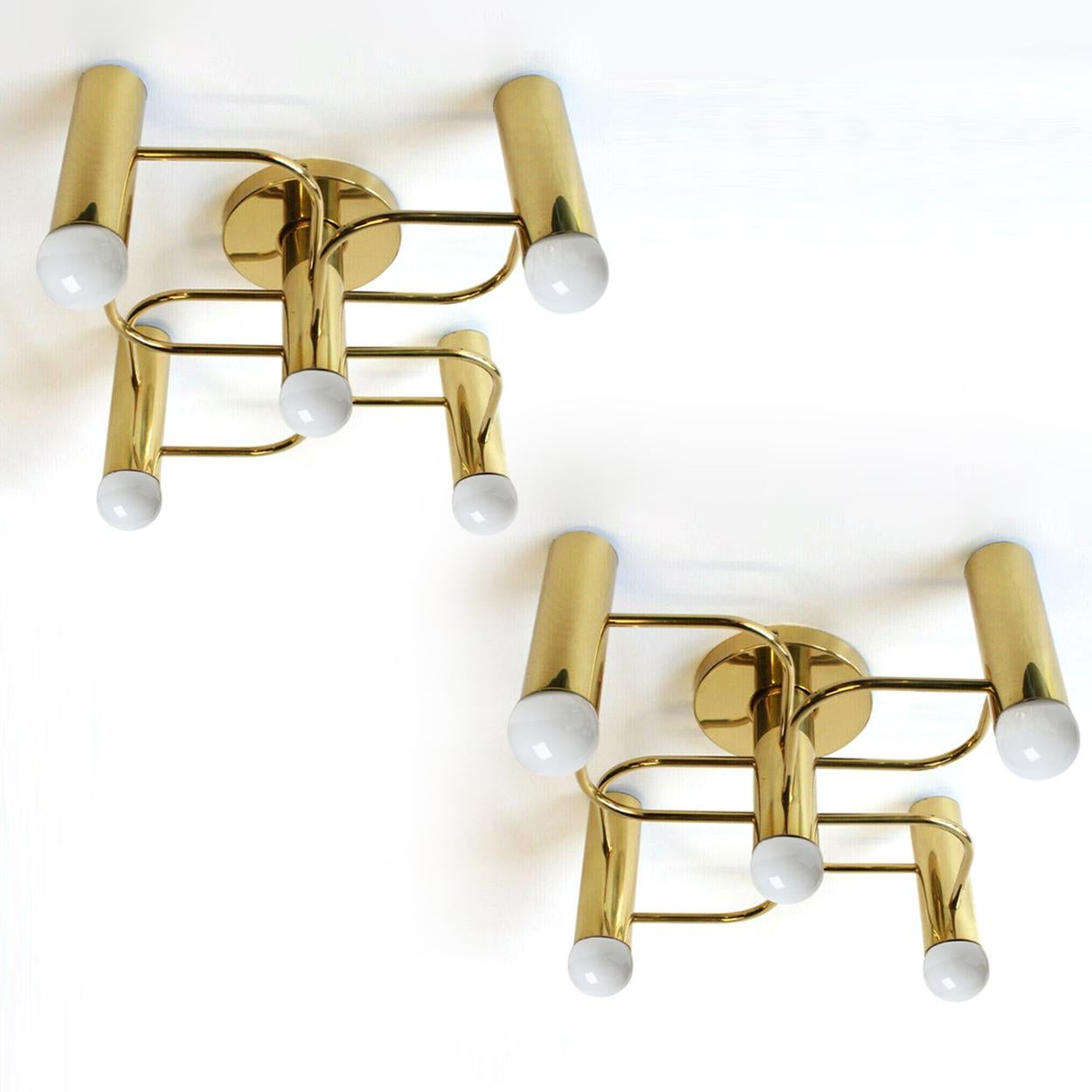 Mid-Century Modern 1 of the 4 Leola Sculptural Brass 5-Light Ceiling or Wall Flushmount, 1970s