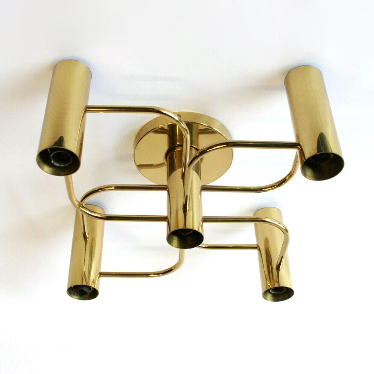 German 1 of the 4 Leola Sculptural Brass 5-Light Ceiling or Wall Flushmount, 1970s