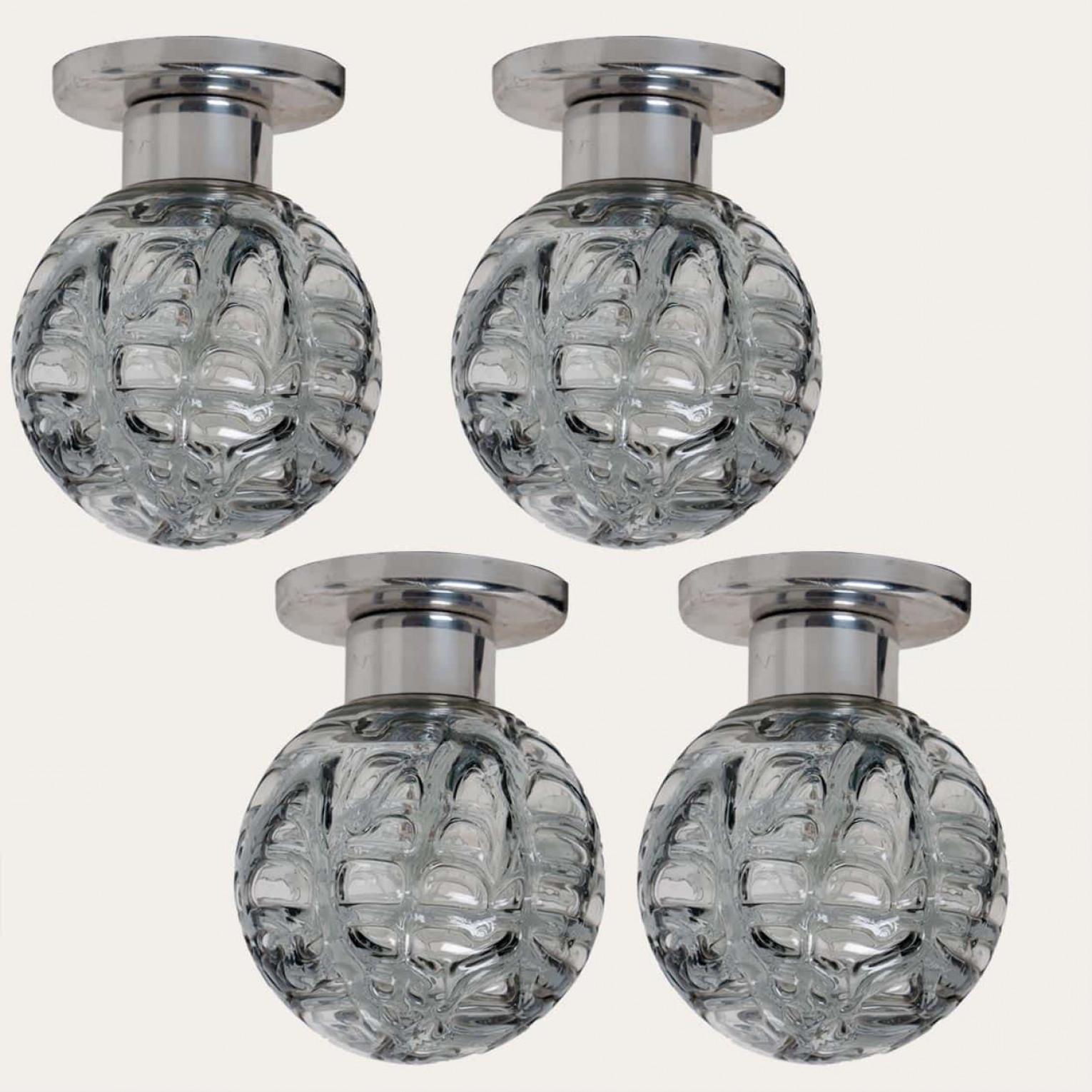 1 of the 4 Doria Leuchten flush mounts , made from glass and chrome. Manufactured in the 1960s-1970s.

High-end thick Murano crystal glass shades. A unique statement piece in the room.

Can also be used as wall lights.

Please notice the price is