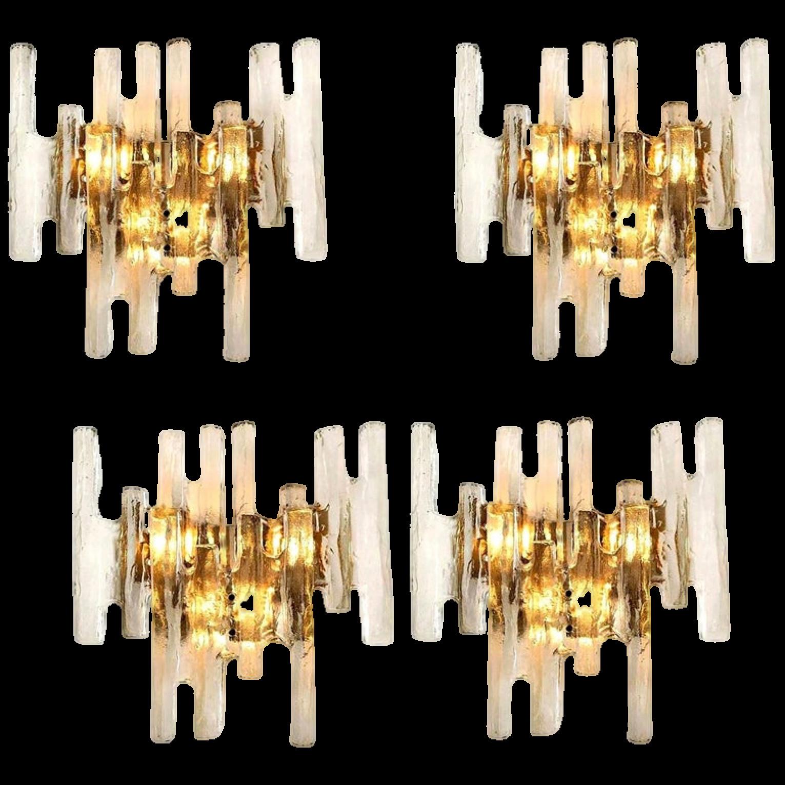 1 of the 4 elegant modern wall lights or sconces, manufactured by J.T. Kalmar Austria in the 1970s. Lovely design, executed to a very high standard. Each wall light as solid ice glass sheets dangling on it.

Clean lines to complement all decors. The