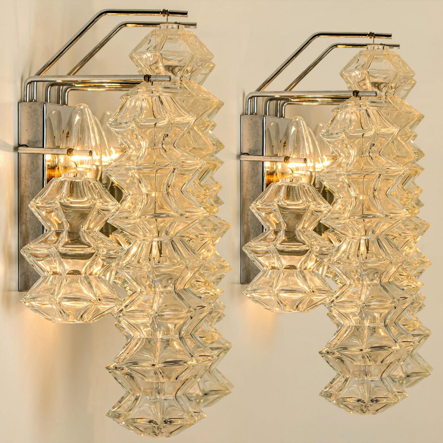 Mid-Century Modern 1 of the 4 Pagoda Chrome and Glass Sconces Wall Lights by Kalmar, Vienna 1969 For Sale