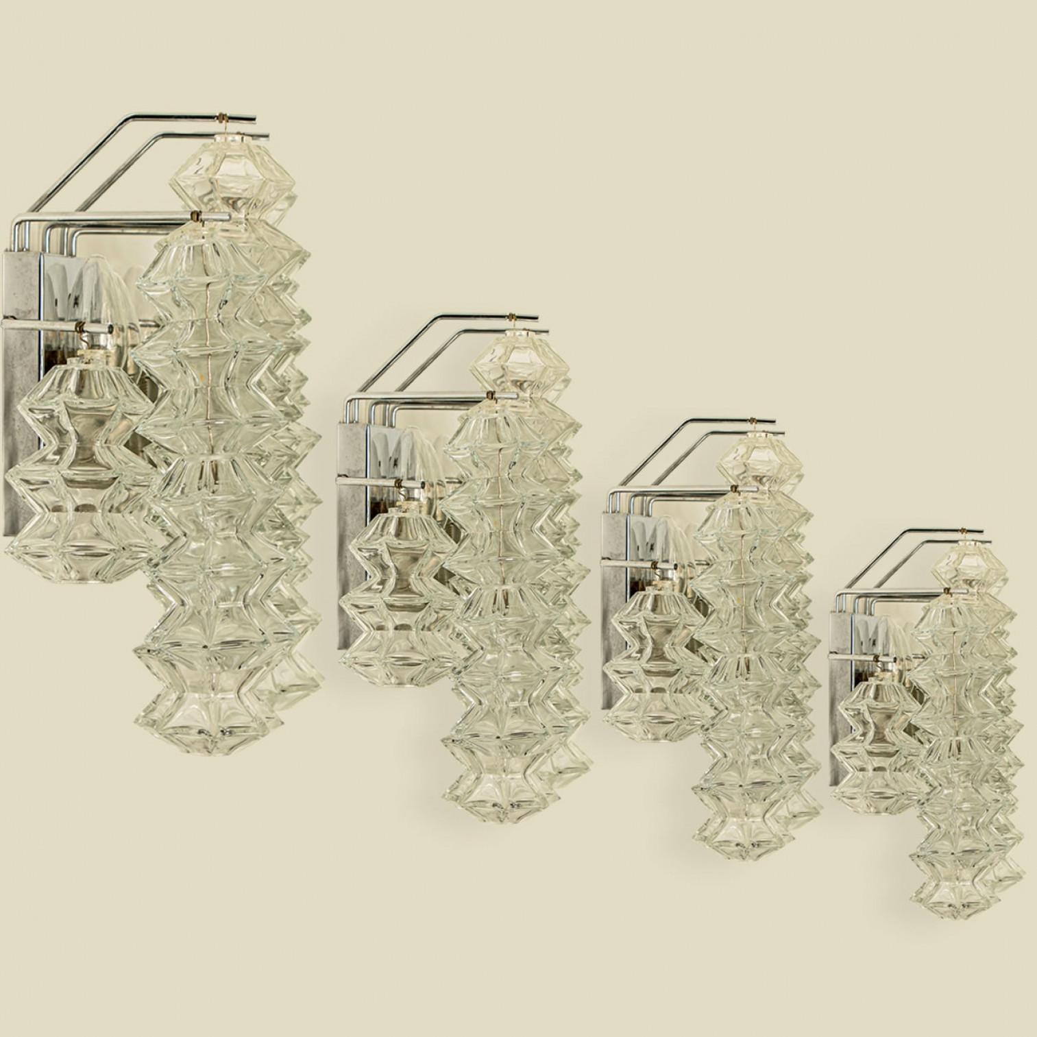 Austrian 1 of the 4 Pagoda Chrome and Glass Sconces Wall Lights by Kalmar, Vienna 1969 For Sale
