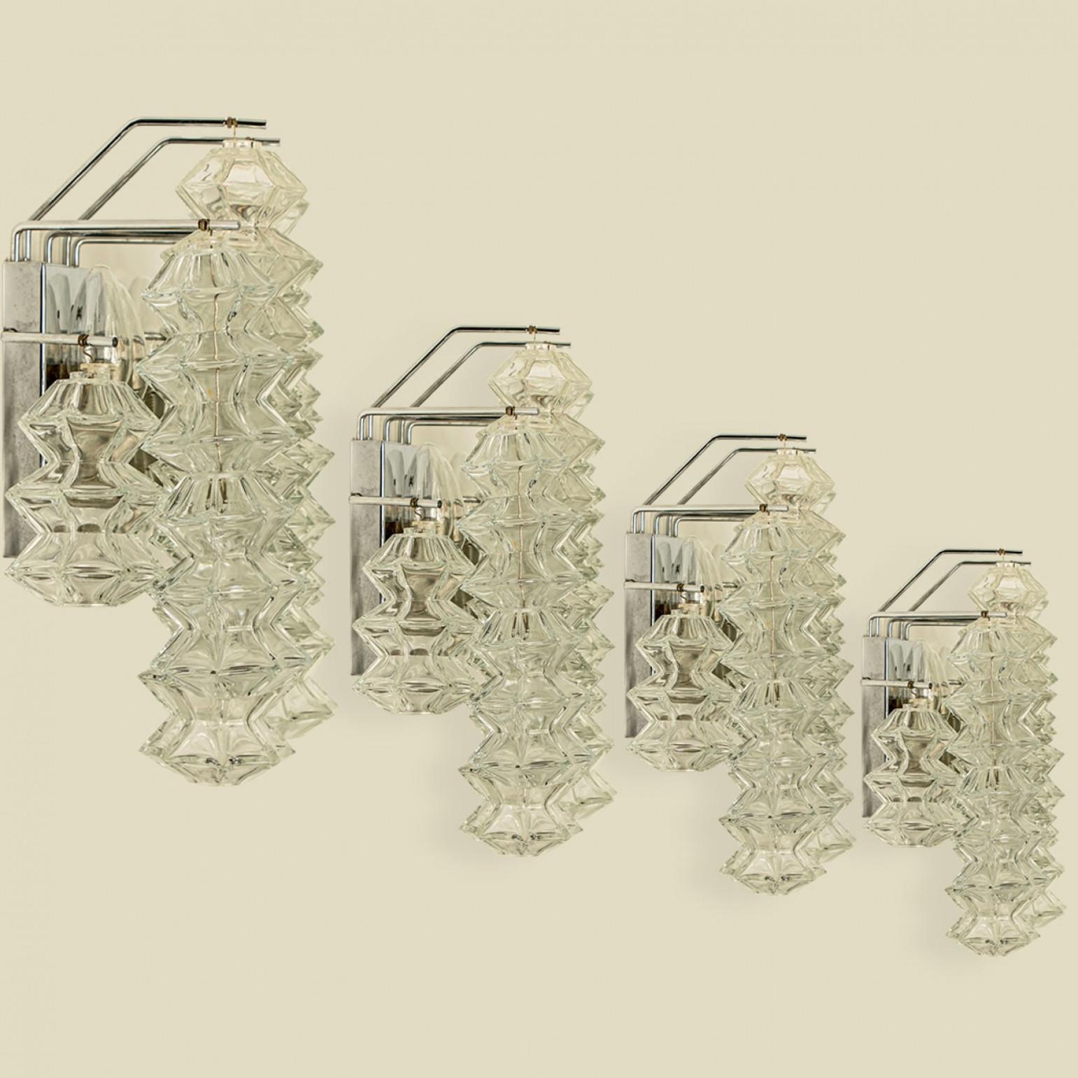 Austrian 1 of the 4 Pagoda Chrome and Glass Sconces Wall Lights by Kalmar, Vienna 1969 For Sale