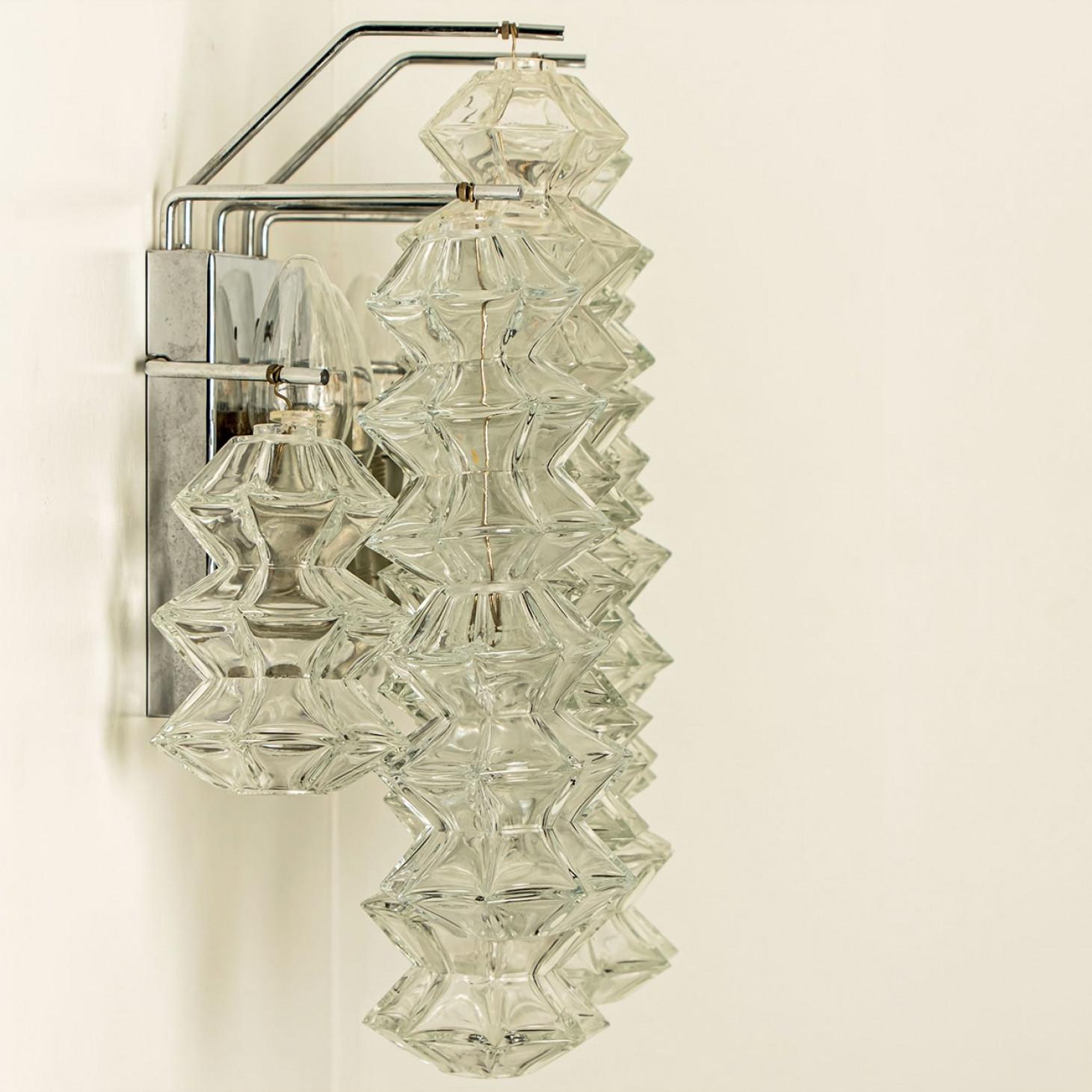 Mid-20th Century 1 of the 4 Pagoda Chrome and Glass Sconces Wall Lights by Kalmar, Vienna 1969 For Sale