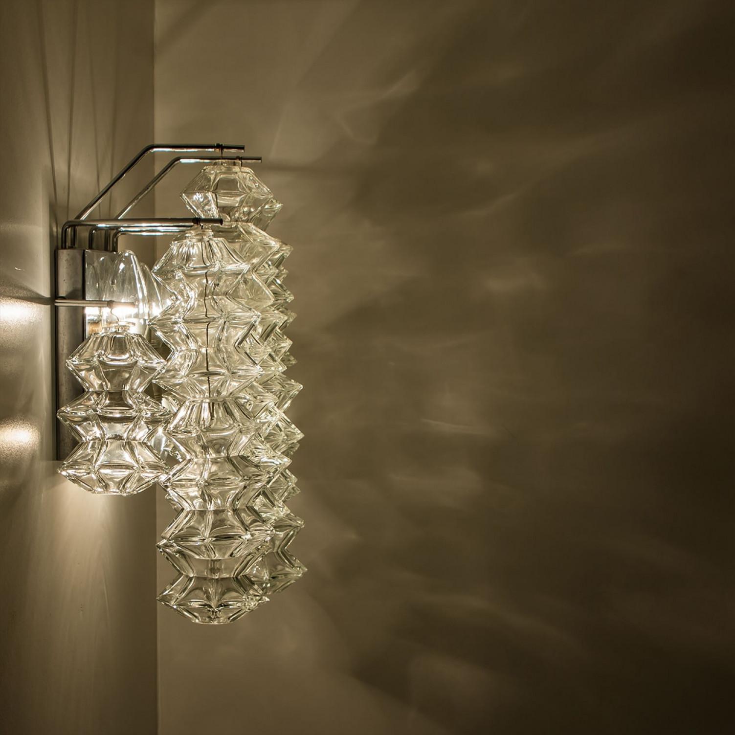 Blown Glass 1 of the 4 Pagoda Chrome and Glass Sconces Wall Lights by Kalmar, Vienna 1969 For Sale