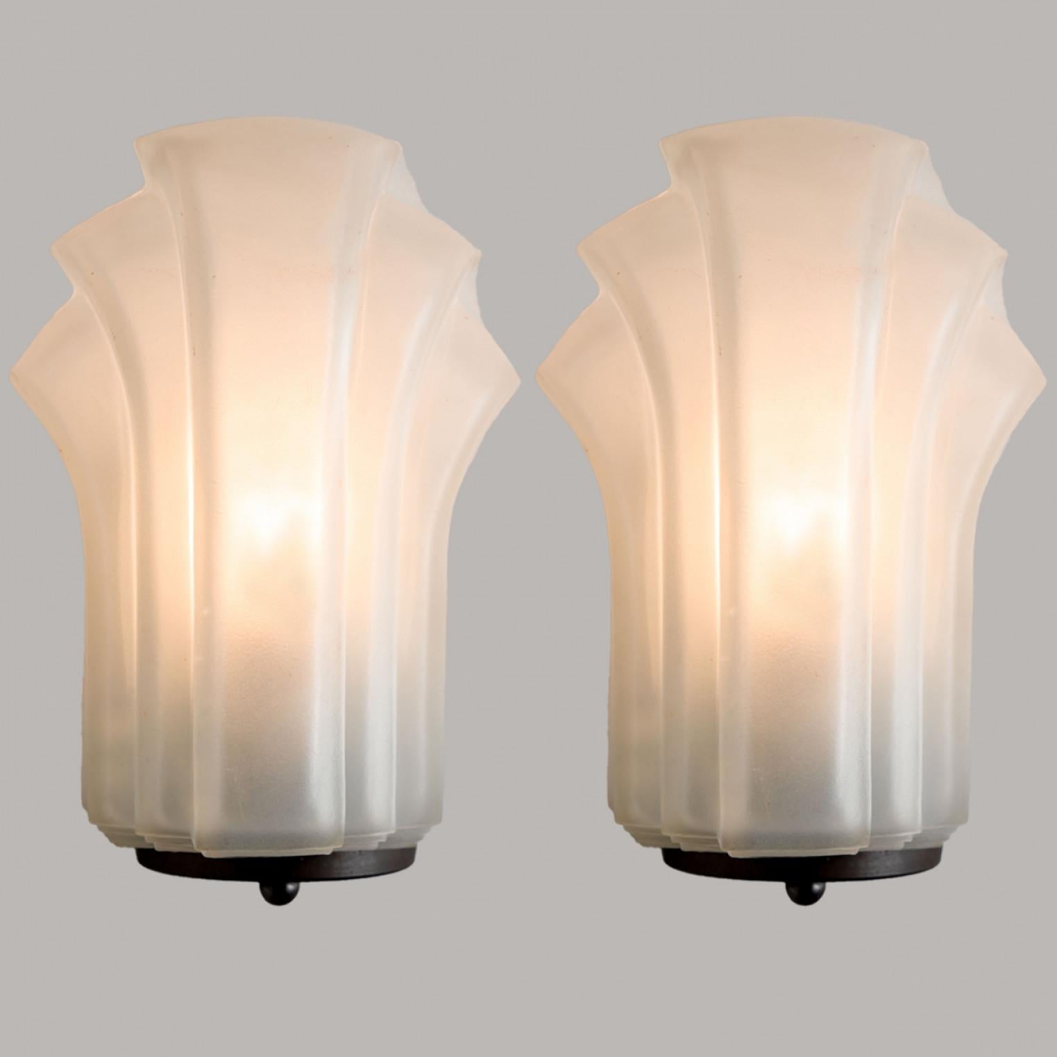 20th Century 1 of the 4 Pairs Art Deco Style Milk Glass Shell Wall Lights, Germany, 1970 For Sale
