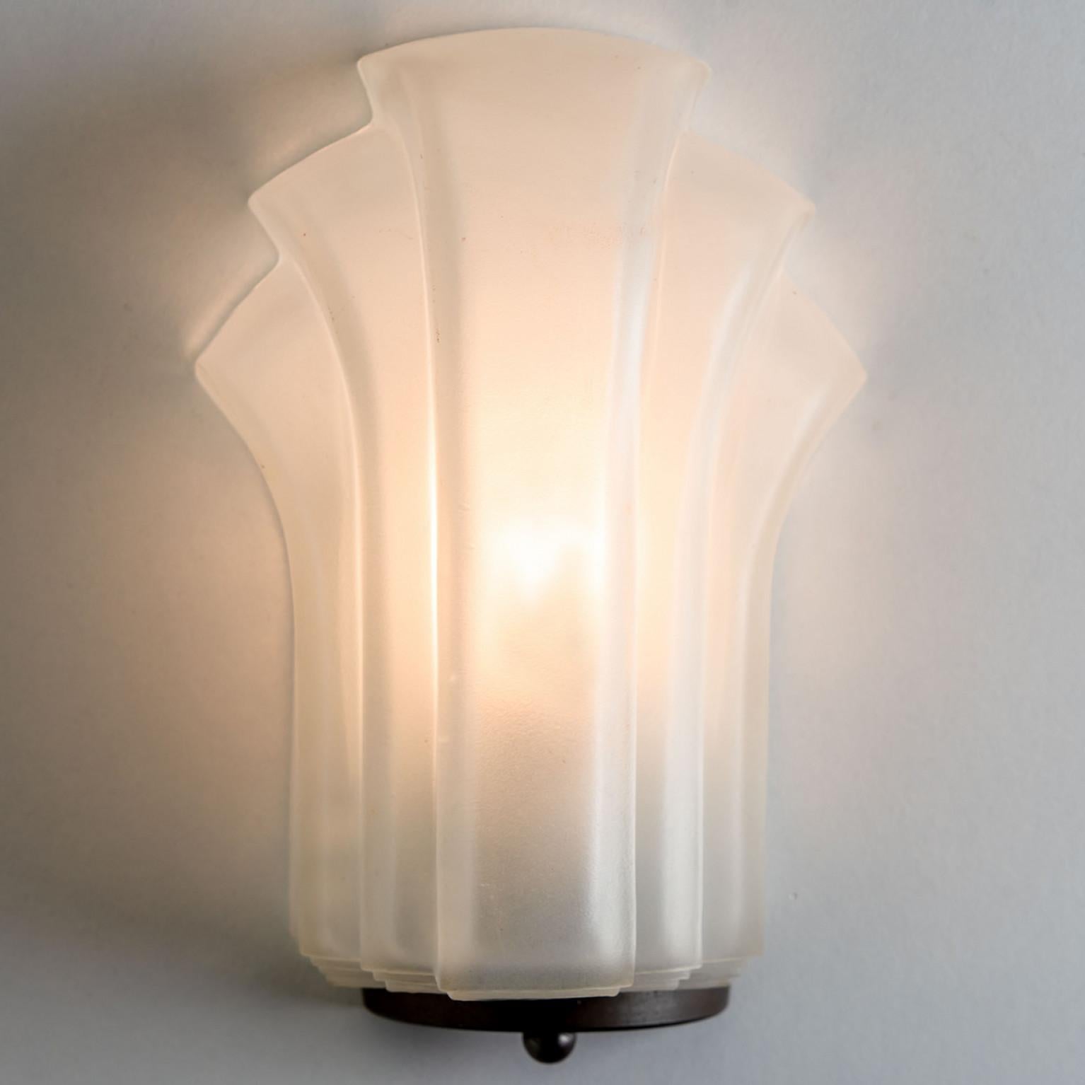 Metal 1 of the 4 Pairs Art Deco Style Milk Glass Shell Wall Lights, Germany, 1970 For Sale