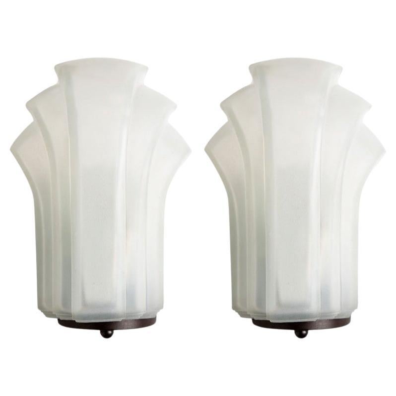 1 of the 4 Pairs Art Deco Style Milk Glass Shell Wall Lights, Germany, 1970
